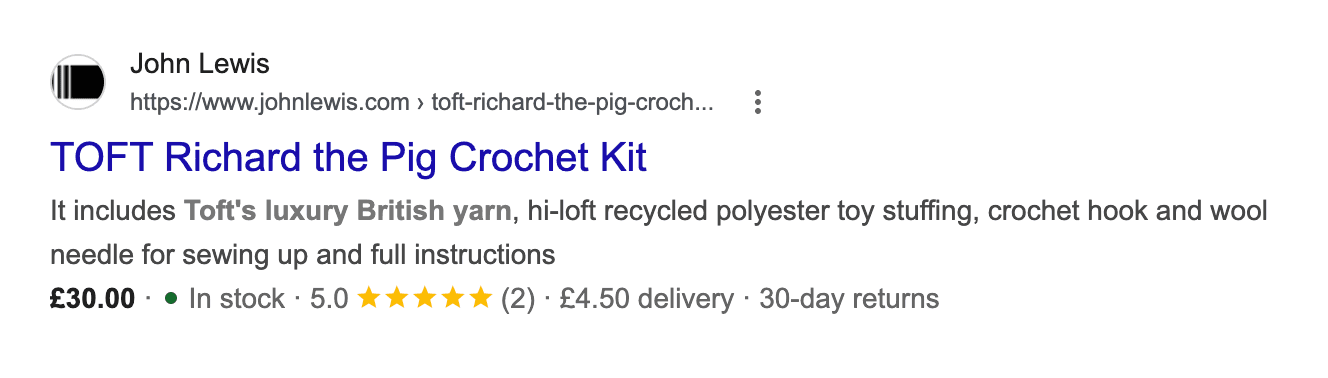 A Google result for a crochet kit, showing the price, whether it's in stock, a star rating, the delivery cost and the returns policy underneath the link