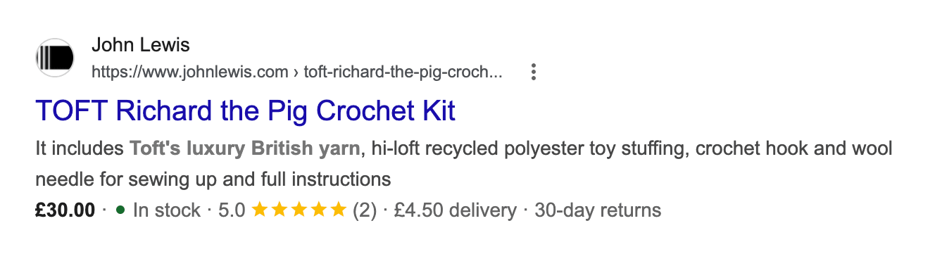 A Google result for a crochet kit, showing the price, whether it’s in stock, a star rating, the delivery cost and the returns policy underneath the link